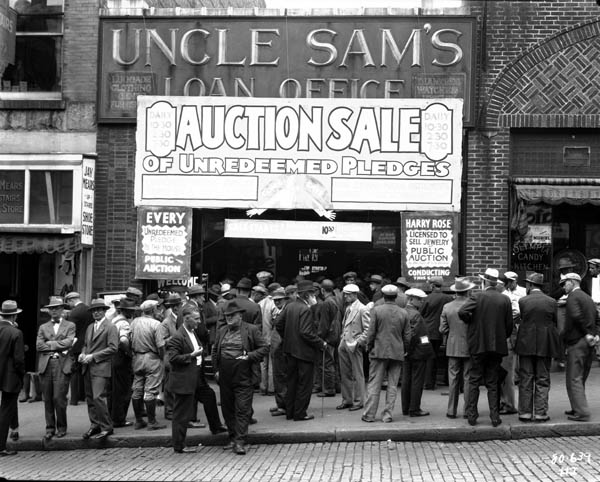 Uncle Sam's Loan Office. Crowd in front of Uncle Sam's